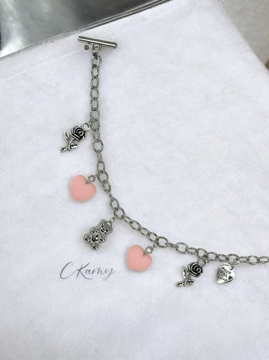 Bracelet femme chaîne nounours argent rose clair