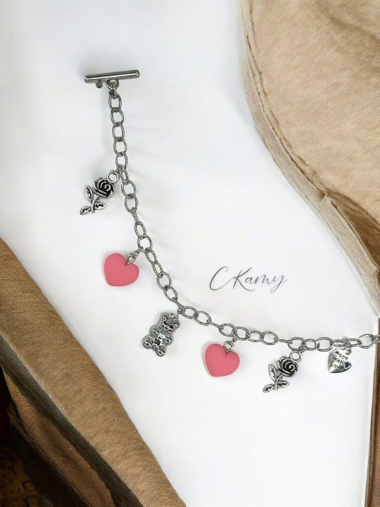 Bracelet femme chaîne nounours argent rose foncé