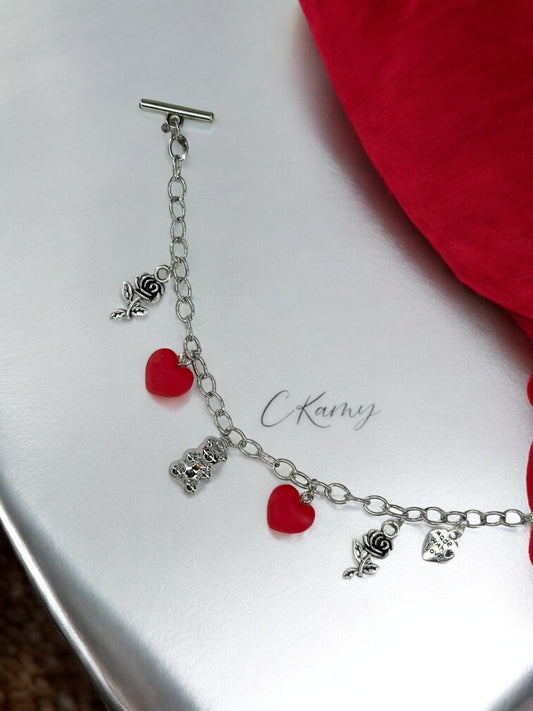 Bracelet femme chaîne nounours argent rouge
