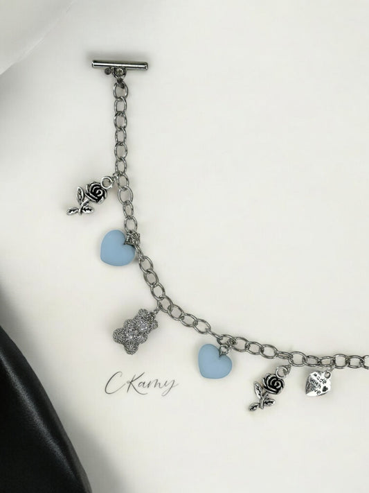 Bracelet femme chaîne nounours argent strass bleu