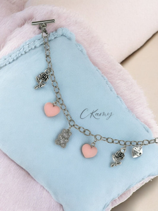 Bracelet femme chaîne nounours argent strass rose clair