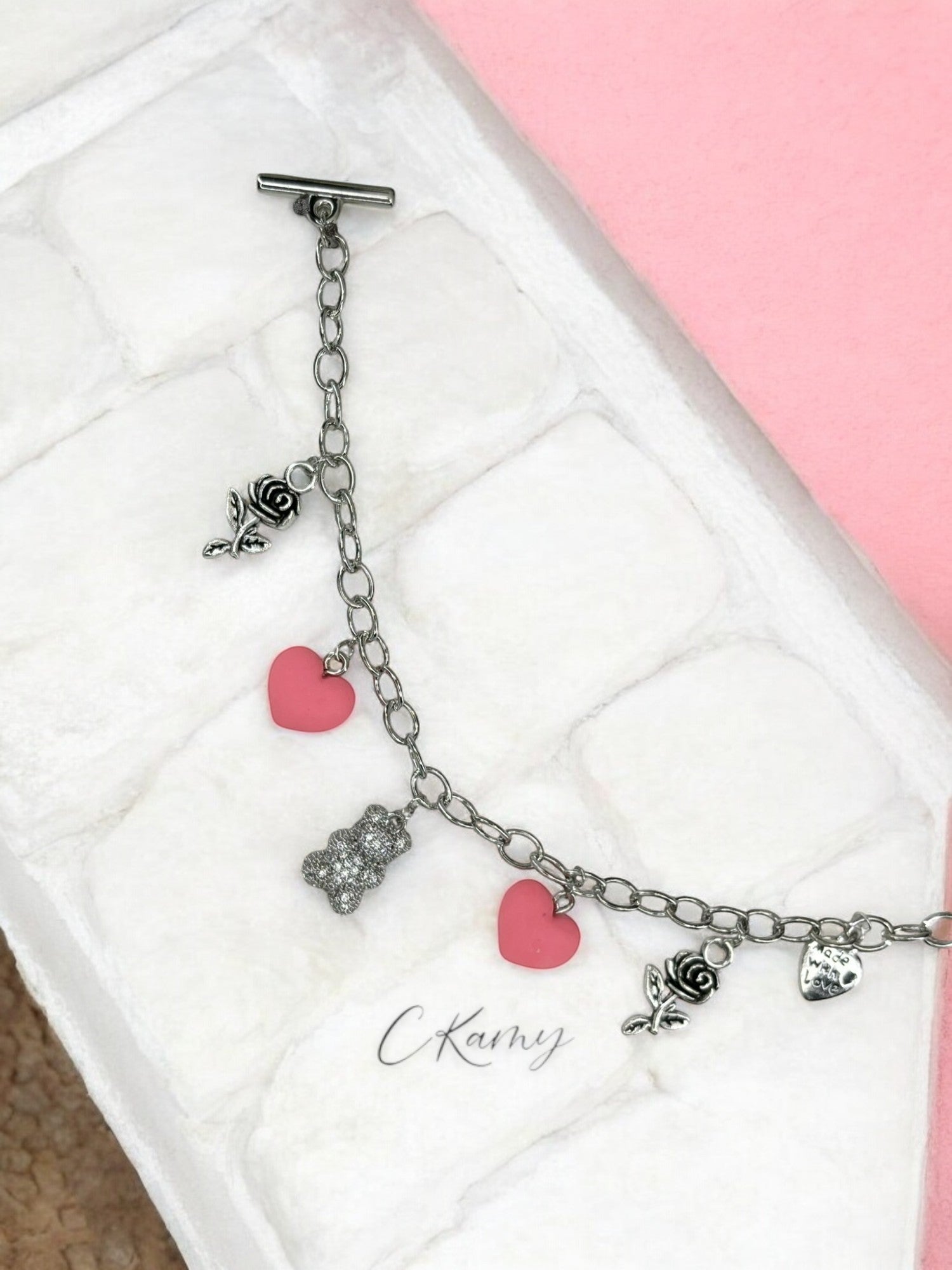 Bracelet femme chaîne nounours argent strass rose foncé