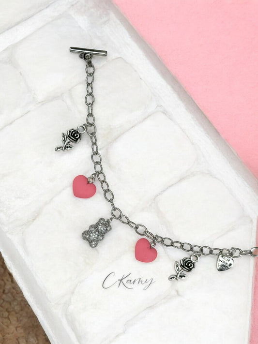 Bracelet femme chaîne nounours argent strass rose foncé