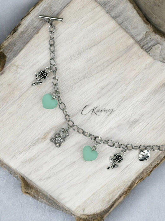 Bracelet femme chaîne nounours argent strass vert