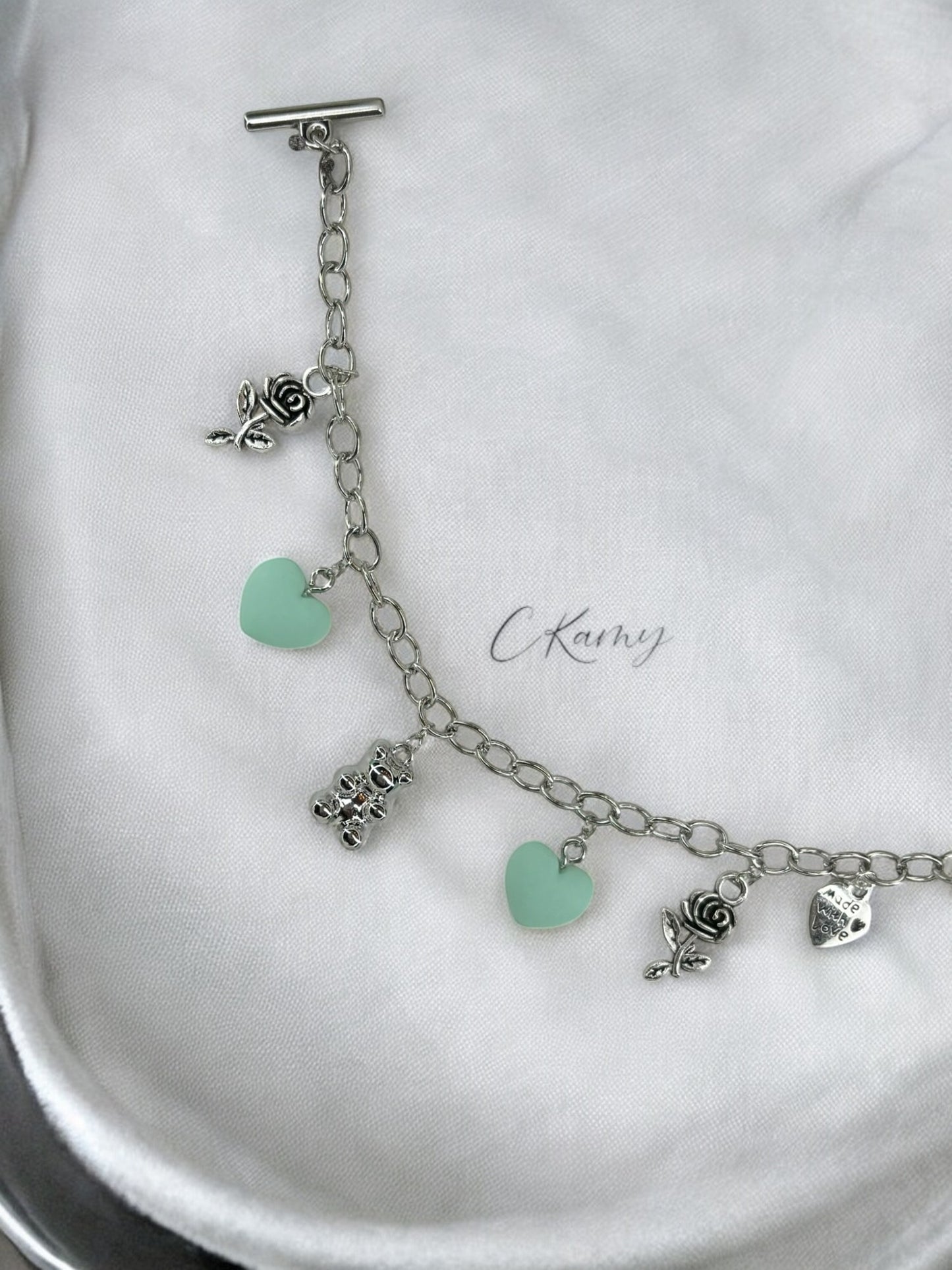 Bracelet femme chaîne nounours argent vert