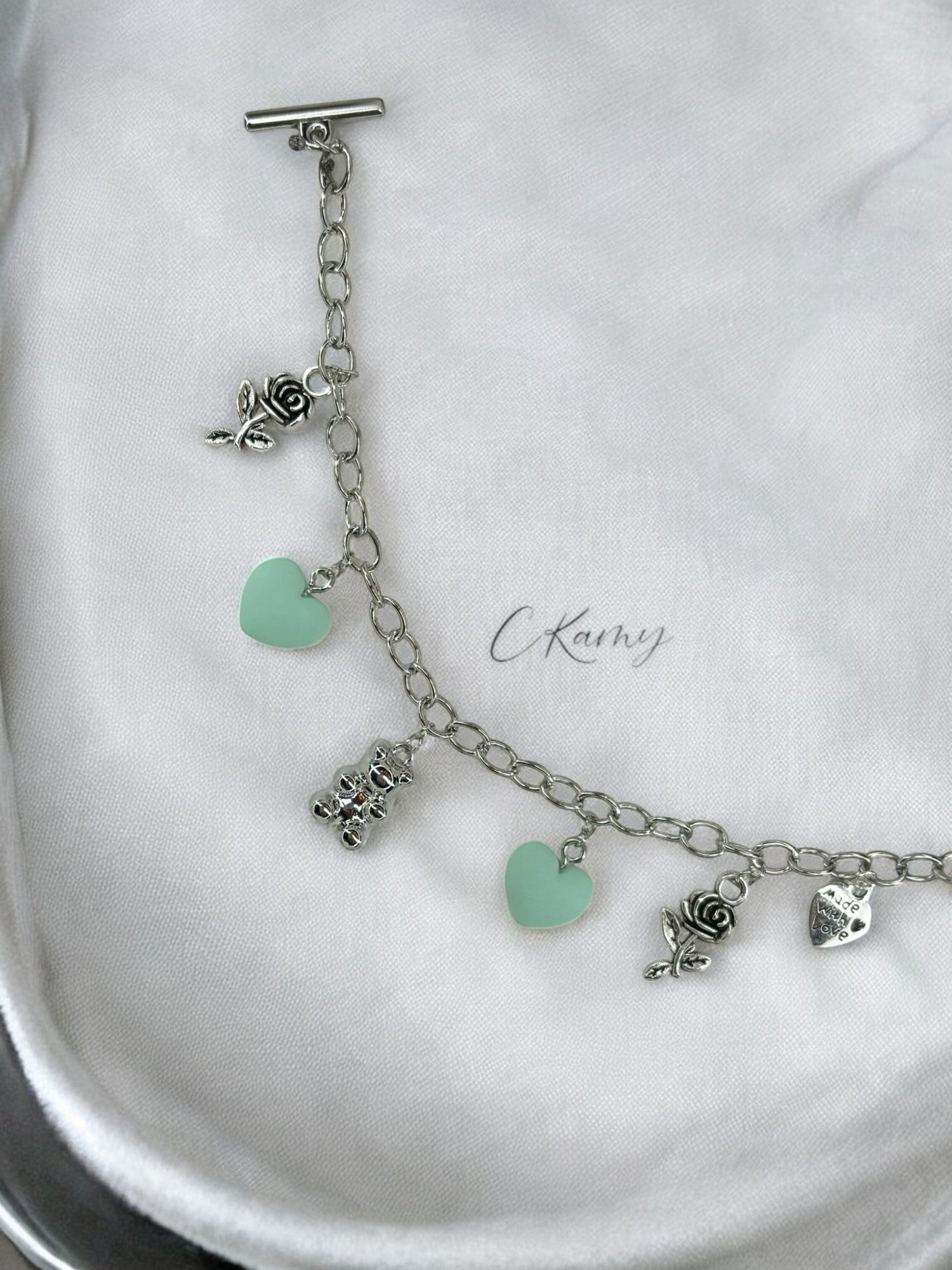 Bracelet femme chaîne nounours argent vert