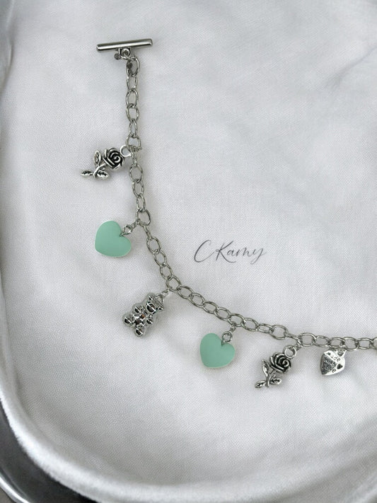 Bracelet femme chaîne nounours argent vert