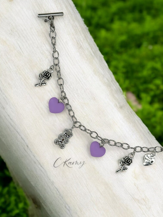 Bracelet femme chaîne nounours argent violet