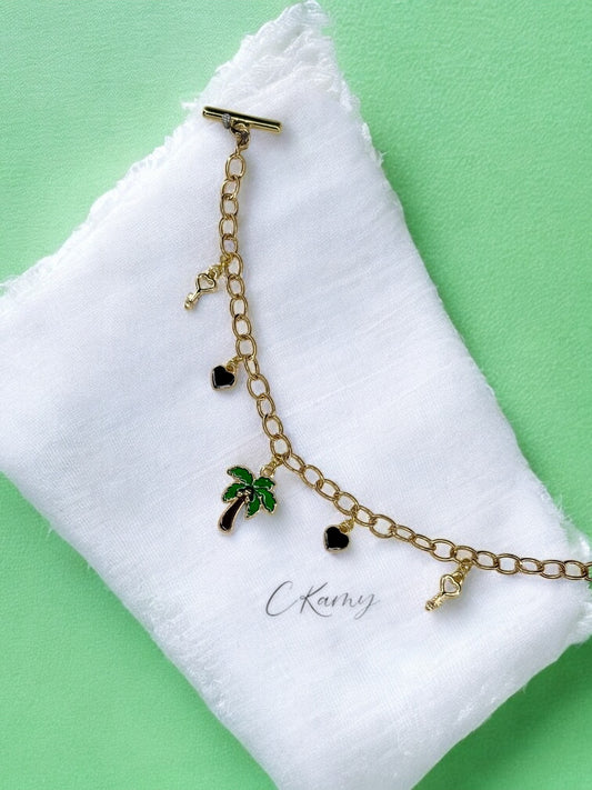 Bracelet femme chaîne palmiers coeur noir