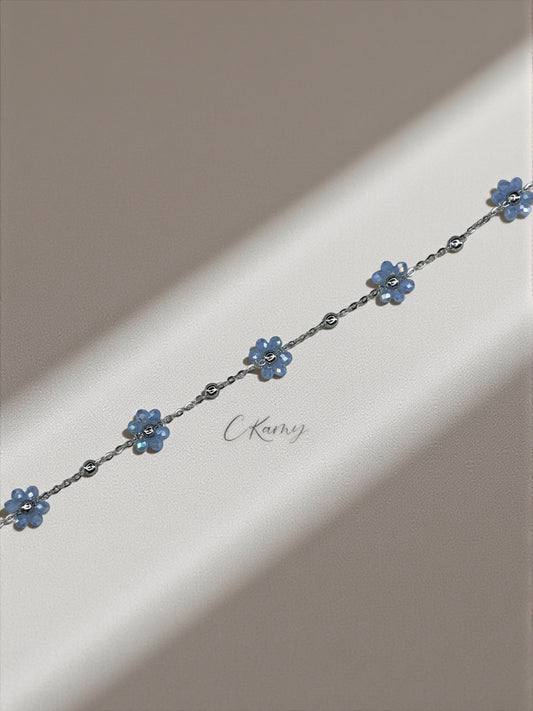 Bracelet femme chaînette argent fleurs bleu