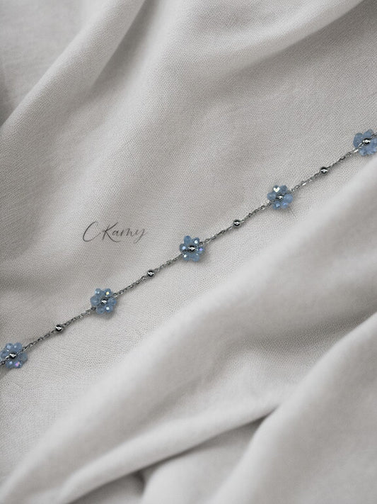 Bracelet femme chaînette argent fleurs bleu clair