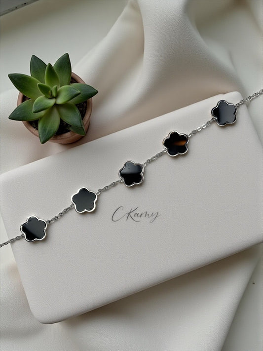 Bracelet femme chaînette argent trèfles noir