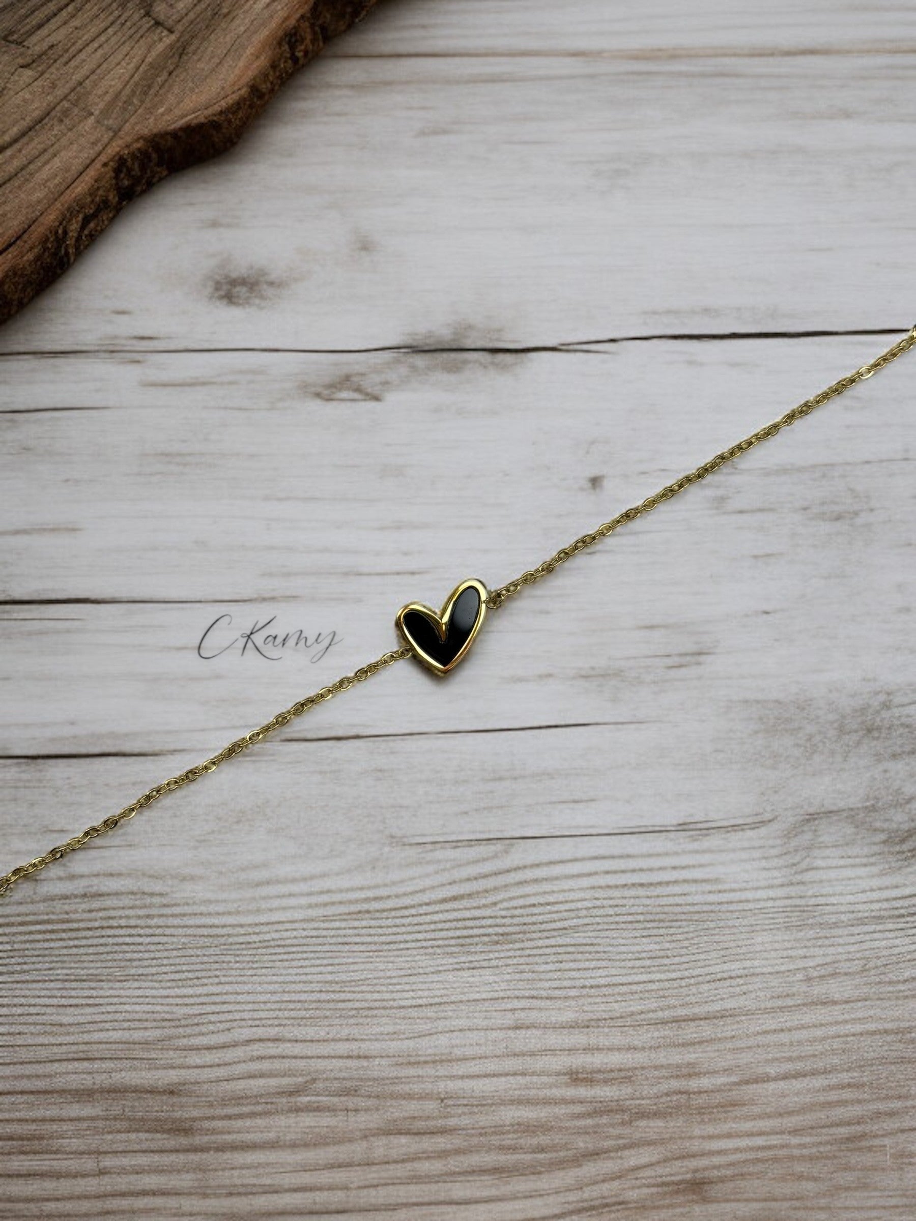 Bracelet femme chaînette doré coeur noir