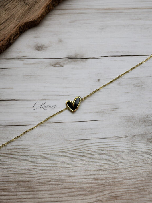 Bracelet femme chaînette doré coeur noir
