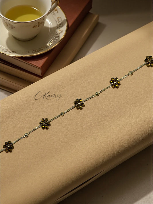 Bracelet femme chaînette doré fleurs marron