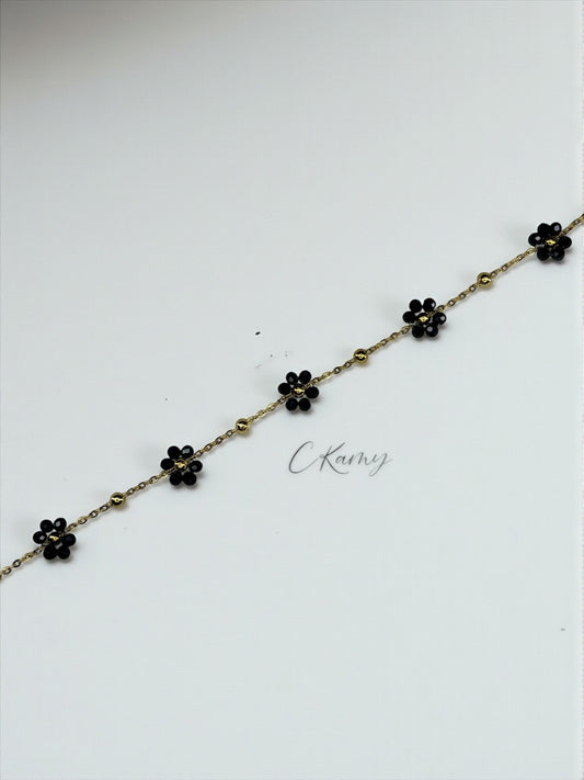 Bracelet femme chaînette doré fleurs noir