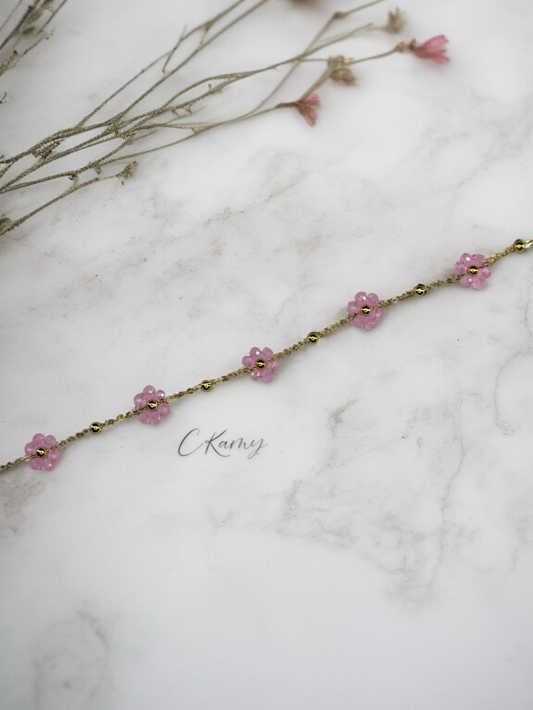 Bracelet femme chaînette doré fleurs rose