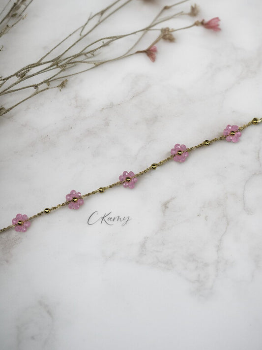 Bracelet femme chaînette doré fleurs rose