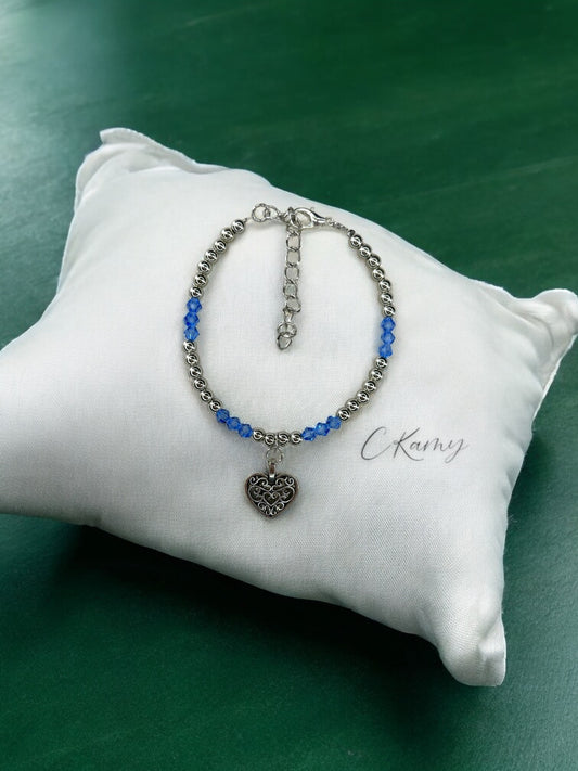 Bracelet femme coeur ancien perles toupies bleu