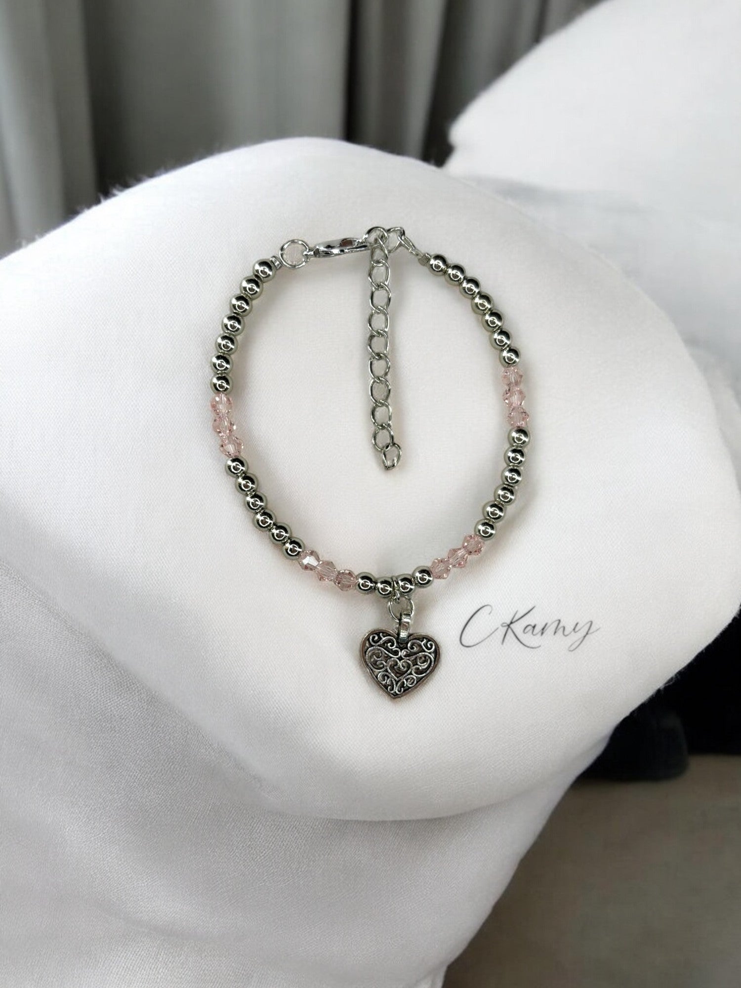 Bracelet femme coeur ancien perles toupies rose
