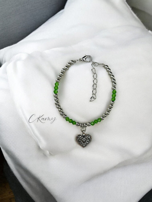 Bracelet femme coeur ancien perles toupies vert