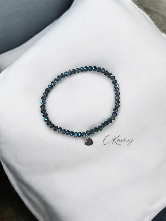 Bracelet femme coeur argent facettes 4mm bleu transparent foncé