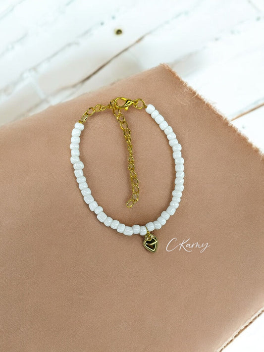 Bracelet femme coeur bombé rocaille blanc