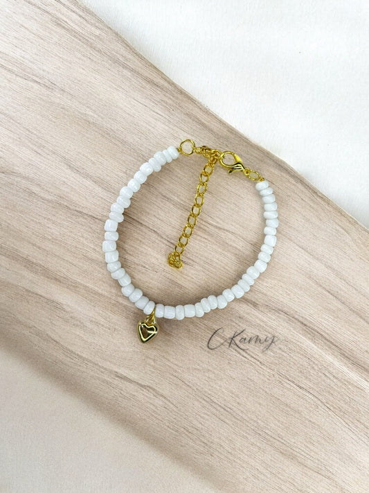 Bracelet femme coeur bombé rocaille blanc mat