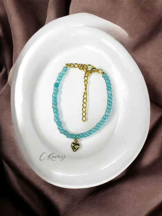 Bracelet femme coeur bombé rocaille bleu brillant