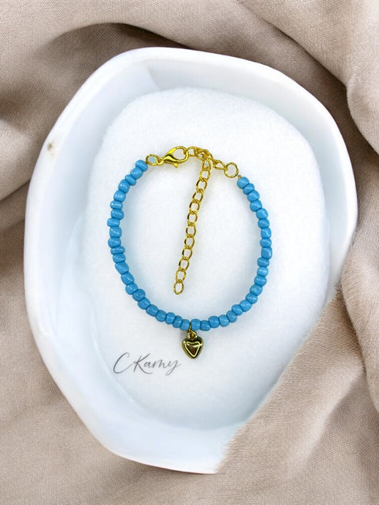 Bracelet femme coeur bombé rocaille bleu ciel
