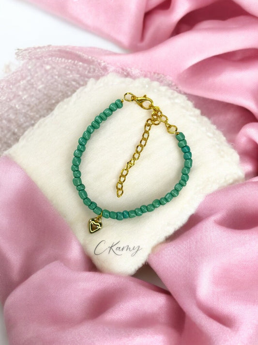 Bracelet femme coeur bombé rocaille bleu vert clair