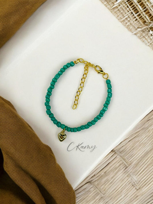 Bracelet femme coeur bombé rocaille bleu vert foncé