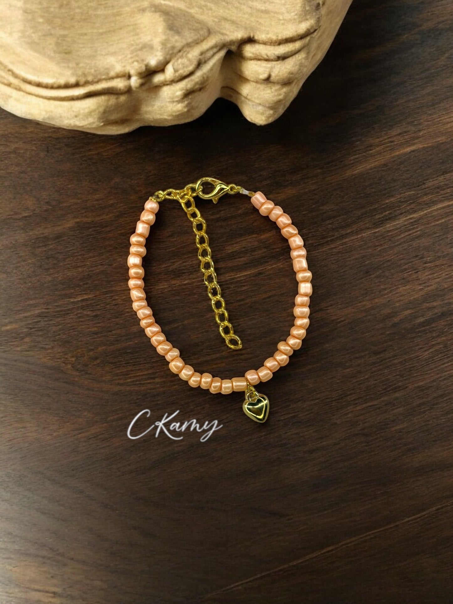 Bracelet femme coeur bombé rocaille chair foncé