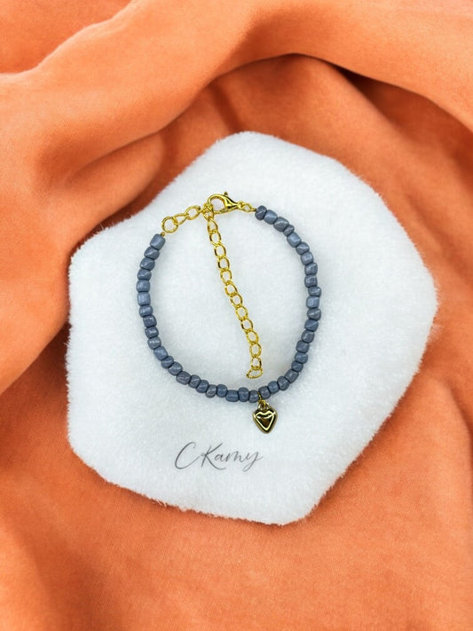 Bracelet femme coeur bombé rocaille gris bleu