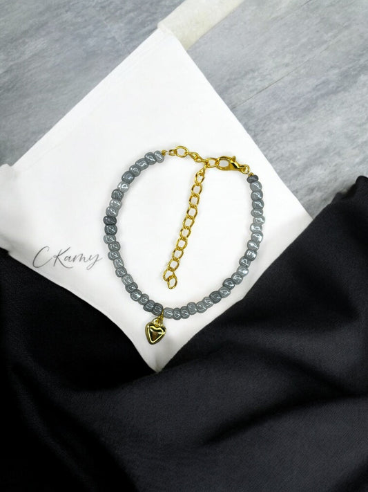 Bracelet femme coeur bombé rocaille gris tacheté clair