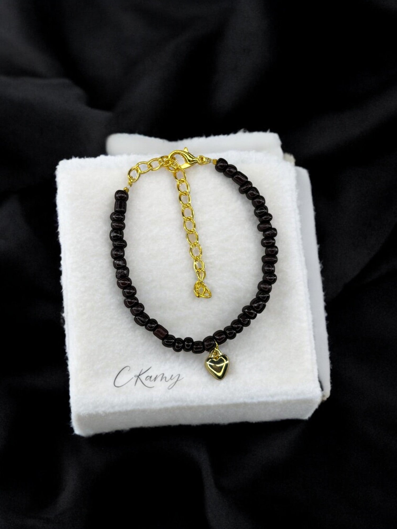 Bracelet femme coeur bombé rocaille marron