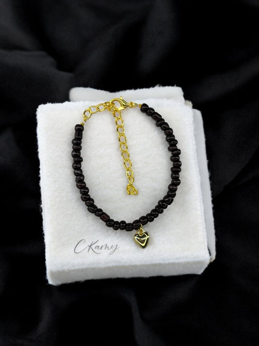 Bracelet femme coeur bombé rocaille marron