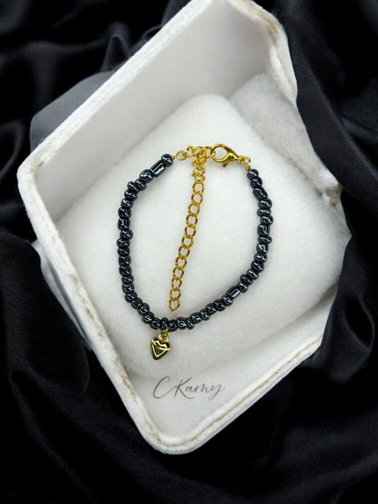 Bracelet femme coeur bombé rocaille noir brillant