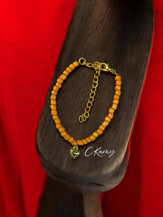 Bracelet femme coeur bombé rocaille orange clair