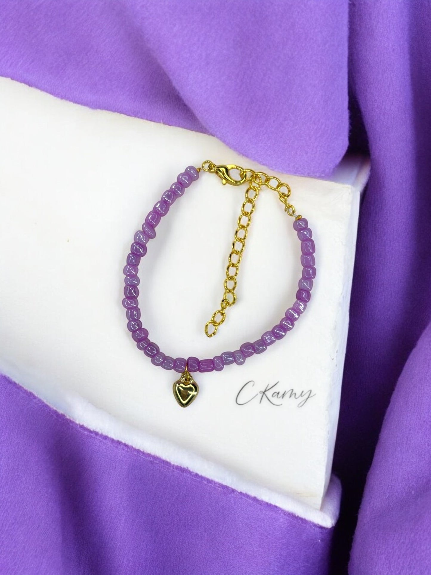 Bracelet femme coeur bombé rocaille parme