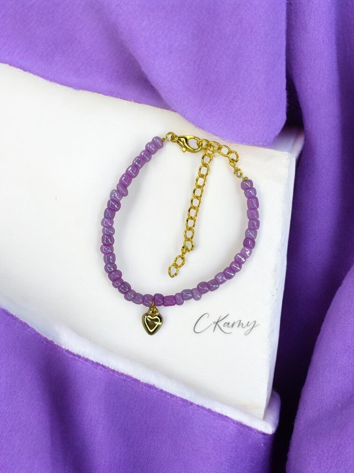 Bracelet femme coeur bombé rocaille parme