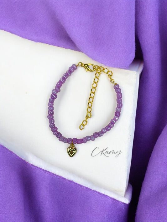 Bracelet femme coeur bombé rocaille parme