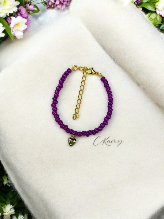 Bracelet femme coeur bombé rocaille prune