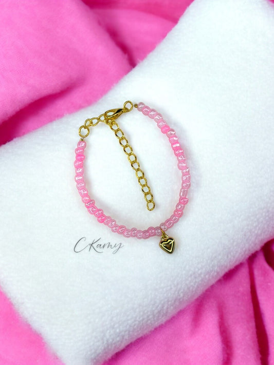 Bracelet femme coeur bombé rocaille rose clair
