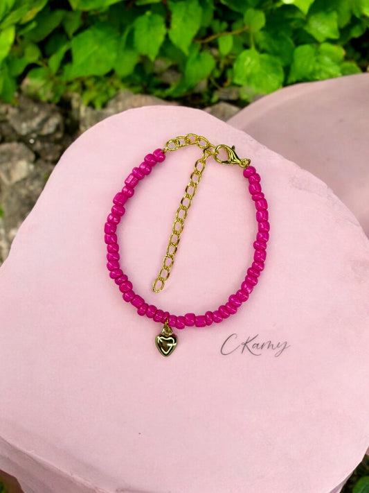 Bracelet femme coeur bombé rocaille rose framboise