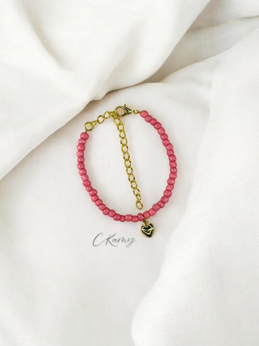 Bracelet femme coeur bombé rocaille rose saumon