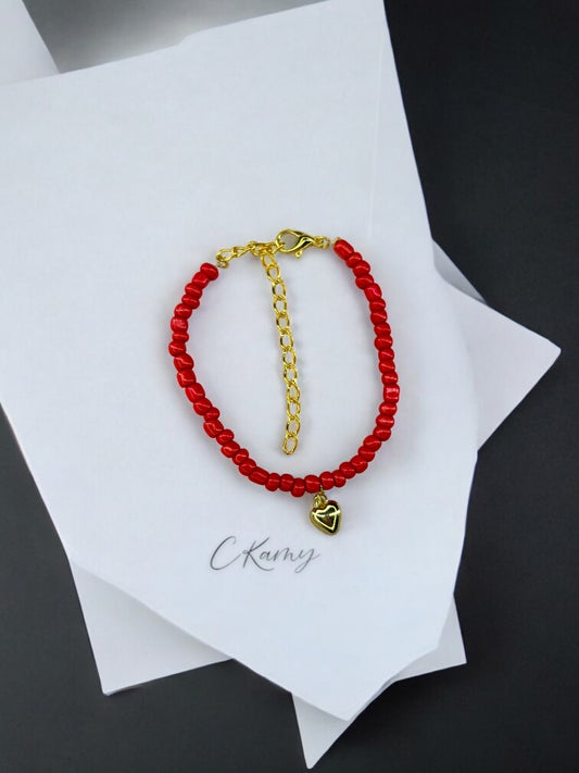 Bracelet femme coeur bombé rocaille rouge