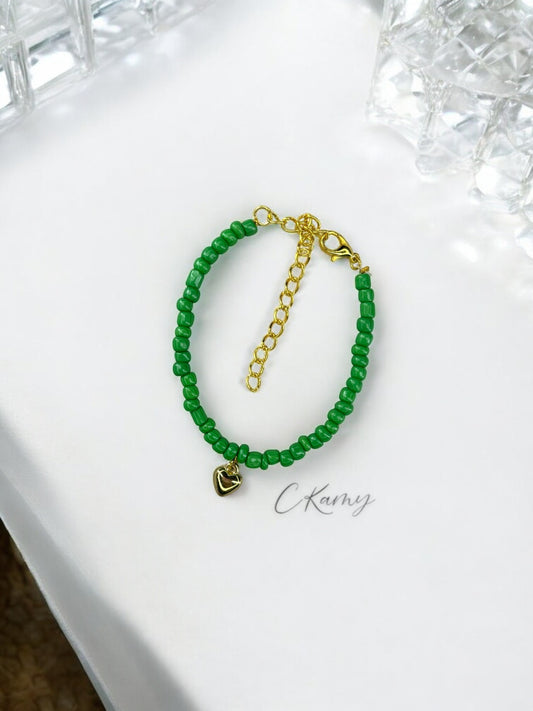 Bracelet femme coeur bombé rocaille vert