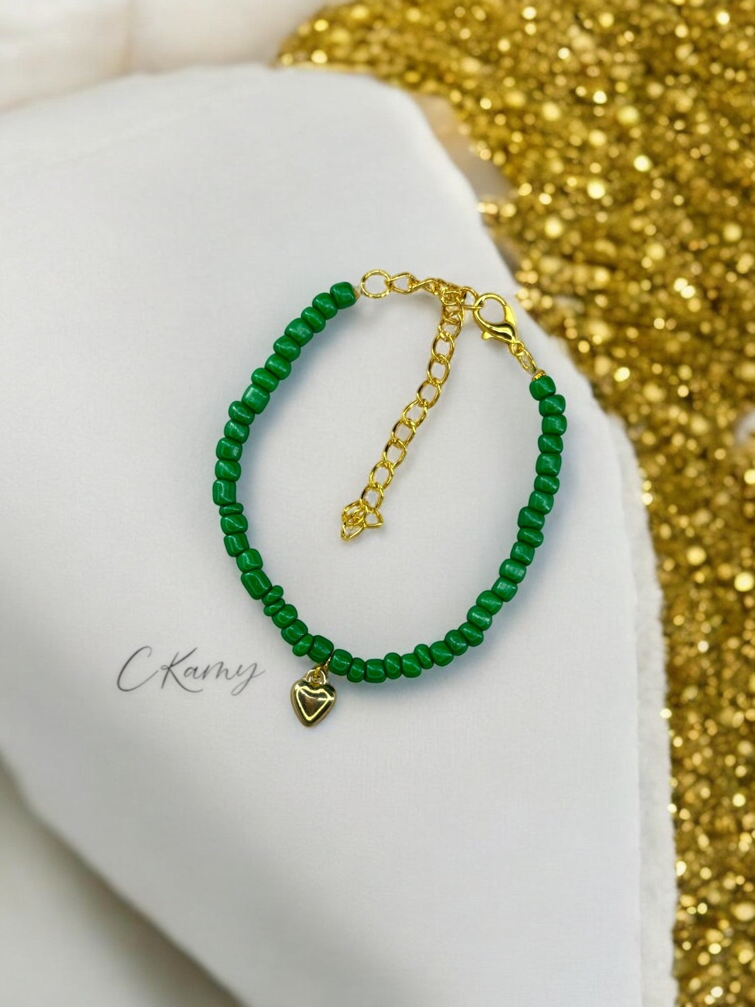Bracelet femme coeur bombé rocaille vert bouteille