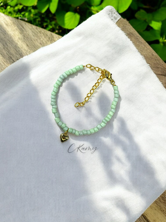Bracelet femme coeur bombé rocaille vert d'eau